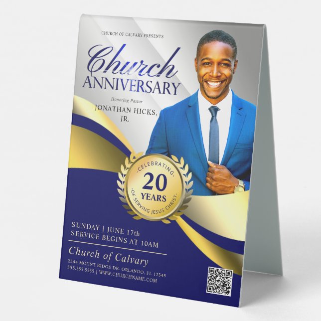 Church Anniversary Pastoral Service Blue & Gold Table Tent (Back)