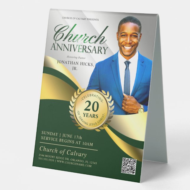 Church Anniversary Pastoral Service Green & Gold Table Tent (Front)