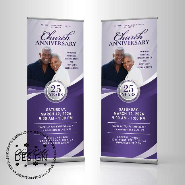 Church Anniversary Purple & Silver Pastor Service Retractable Banner (Creator Uploaded)