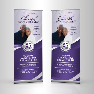 Church Anniversary Purple & Silver Pastor Service Retractable Banner