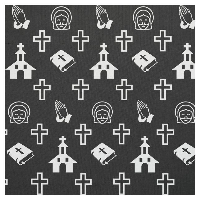 Church Bible Cross Christian Jesus Pattern Black Fabric (Swatch)