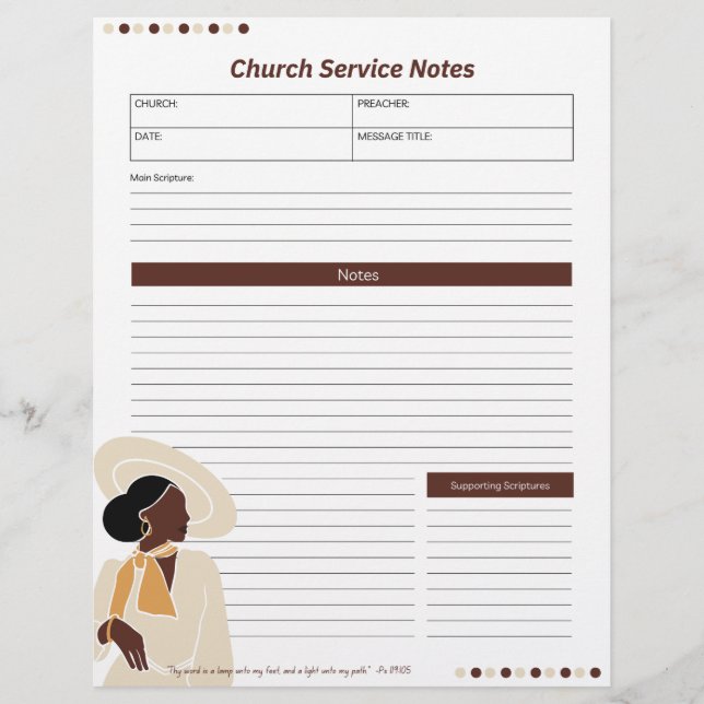 Church Black Woman Service Notes Christian Bible Letterhead (Front)
