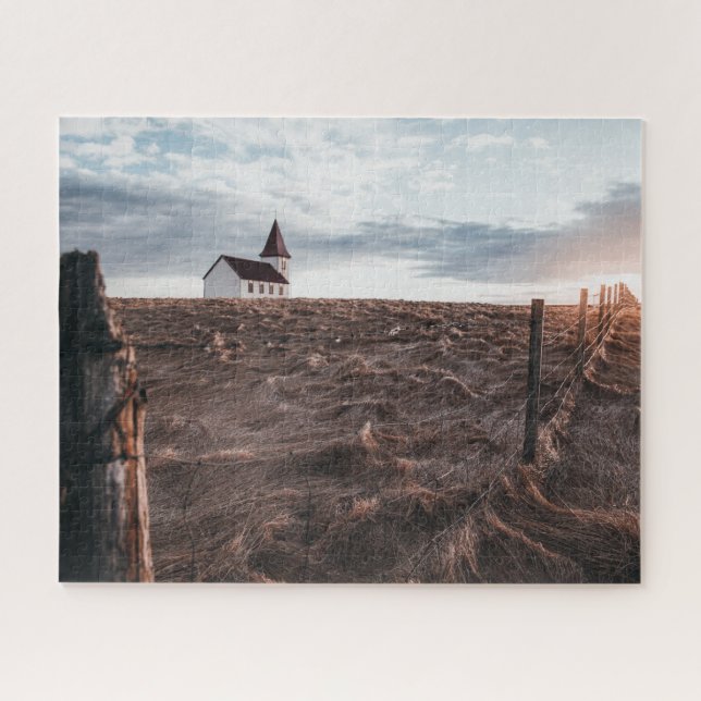 Church Building & Hay Field During Sunset Jigsaw Puzzle (Horizontal)