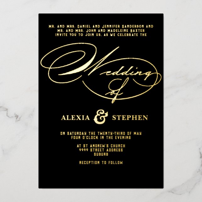 Church Ceremony Celebration, Modern Script Wedding Foil Invitation (Front)