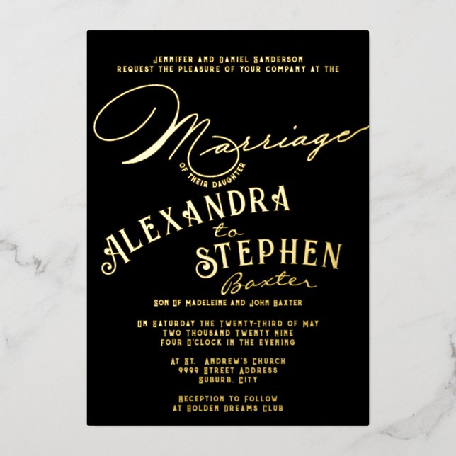 Church Ceremony Celebration, Rustic Script Wedding Foil Invitation (Front)