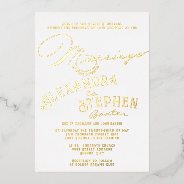 Church Ceremony Celebration, Rustic Script Wedding Foil Invitation (Front)