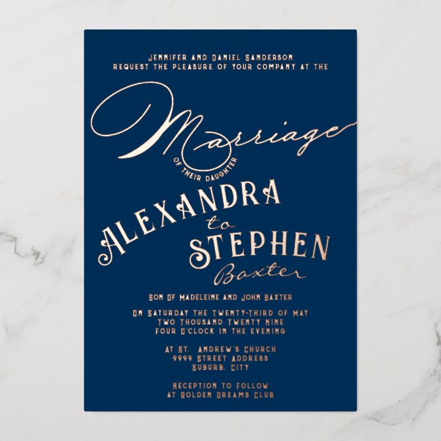Church Ceremony Celebration, Rustic Script Wedding Foil Invitation (Front)