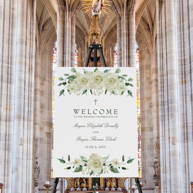 Church Ceremony & Reception Wedding Welcome Sign (Church wedding ceremony sign with white flowers and greenery. Can be flipped and used at reception.)