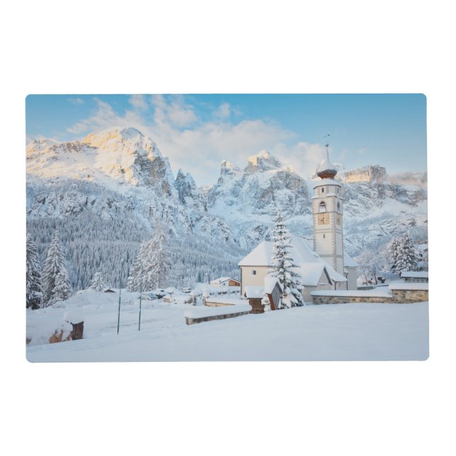 Church covered in snow with mountain background placemat (Back)