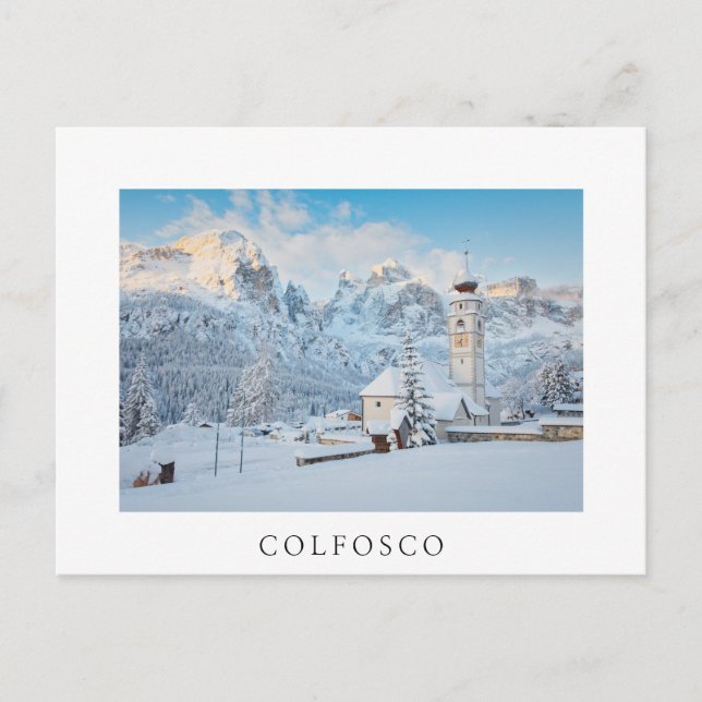 Church covered in snow with mountain background postcard (Front)