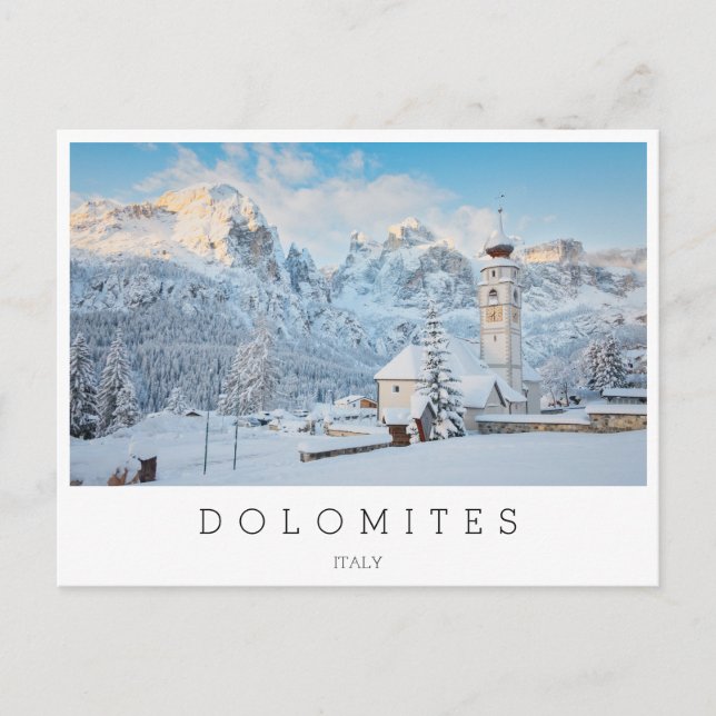 Church covered in snow with mountain background postcard (Front)