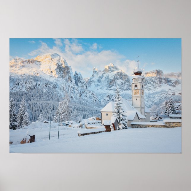 Church covered in snow with mountain background poster (Front)