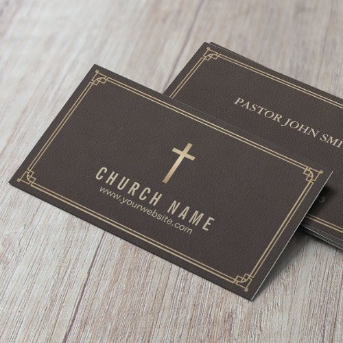 Church Cross Classy Leather Gold Framed Business Card