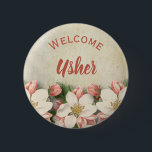 Church Event Welcome Usher Vintage Flower Pinback Button<br><div class="desc">Create a elegant usher button for your church, fundraiser, charity event, volunteers,  or wedding. Vintage flowers with a vintage style background. Monogram with name or title,  includes welcome text.</div>