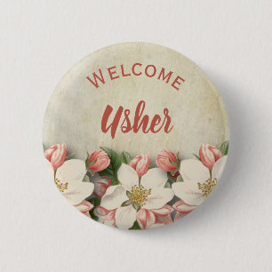 Church Event Welcome Usher Vintage Flower Pinback Button