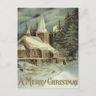 Church Evergreen Stars Winter Snow Postcard