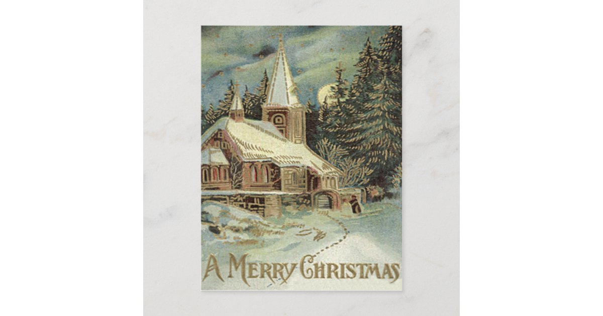 Church Evergreen Stars Winter Snow Postcard | Zazzle