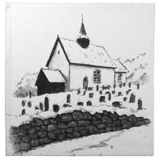 church & graveyard in winter ink landscape drawing napkin