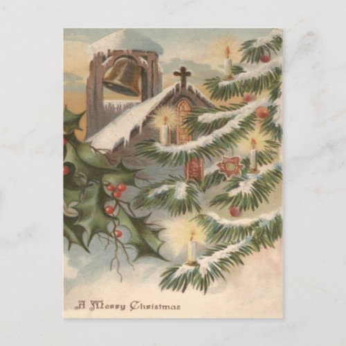 Church Holly Christmas Tree Candle Ornament Holiday Postcard