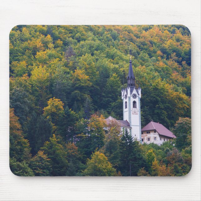 Church in a fall forest in Slovenia Mouse Pad (Front)
