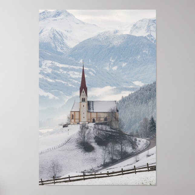 Church in an alpine winter landscape poster (Front)