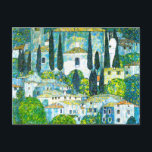 Church in Cassone Gustav Klimt Postcard<br><div class="desc">Postcard featuring Gustav Klimt’s oil painting Church in Cassone (1913). A beautiful Italian church is surrounded with green trees on the shore of blue waters. A marvelous gift for Art Nouveau lovers and Austrian art enthusiasts!</div>
