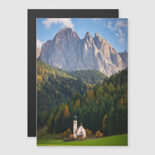 Church in front of Dolomites mountains in Italy Magnetic Invitation