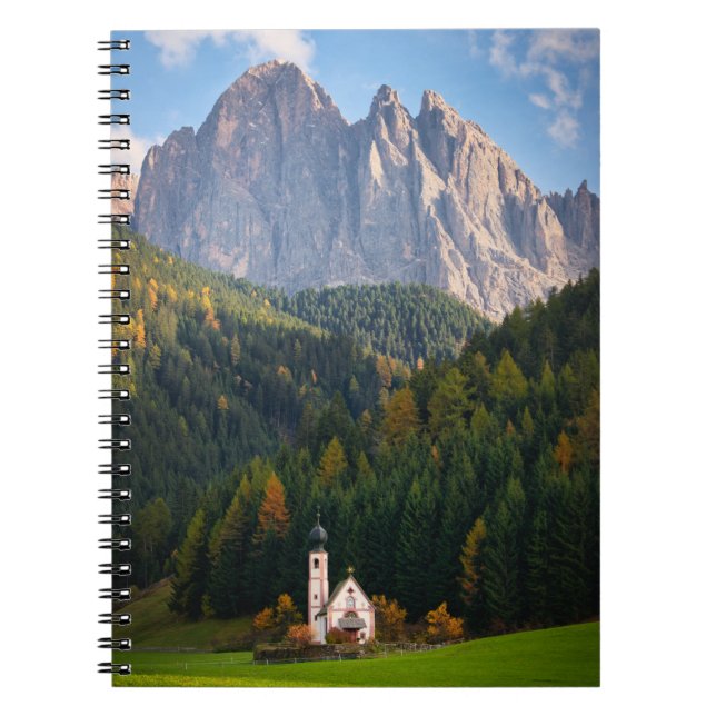 Church in front of Dolomites mountains in Italy Notebook (Front)