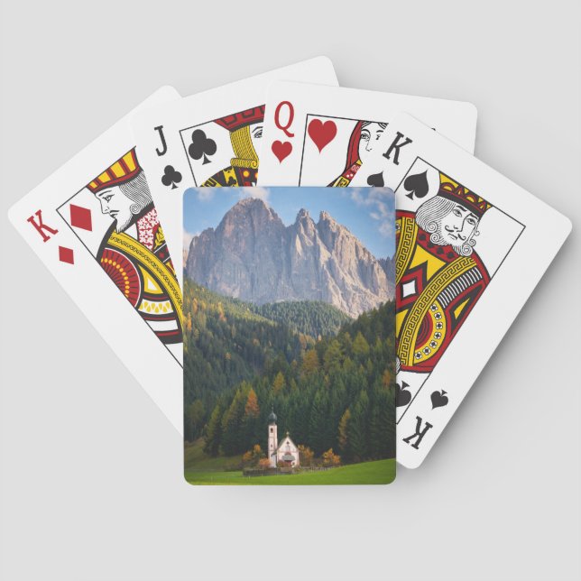 Church in front of Dolomites mountains in Italy Poker Cards (Back)