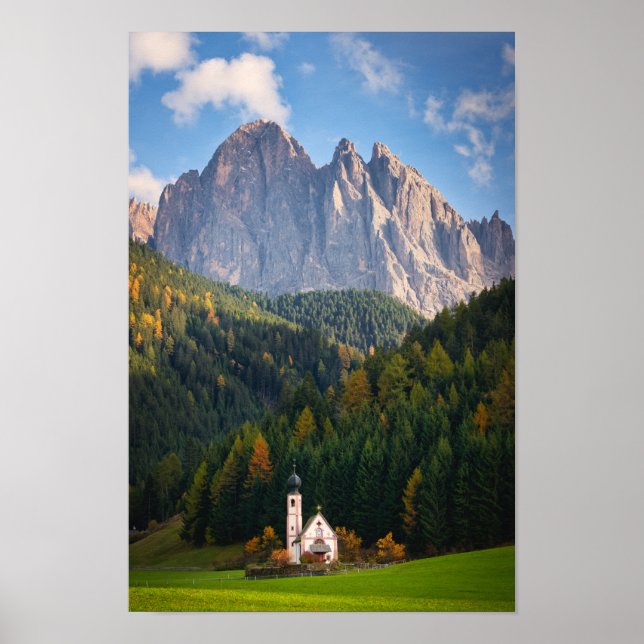 Church in front of Dolomites mountains in Italy Poster (Front)
