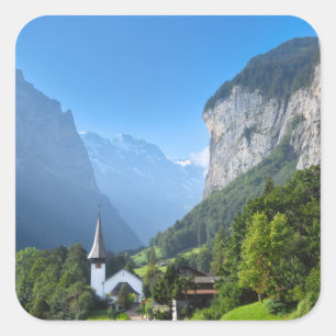 Church in Lauterbrunnen valley, Switzerland Square Sticker