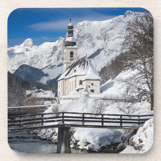 Church in the snow with Alps mountains Beverage Coaster (Front)