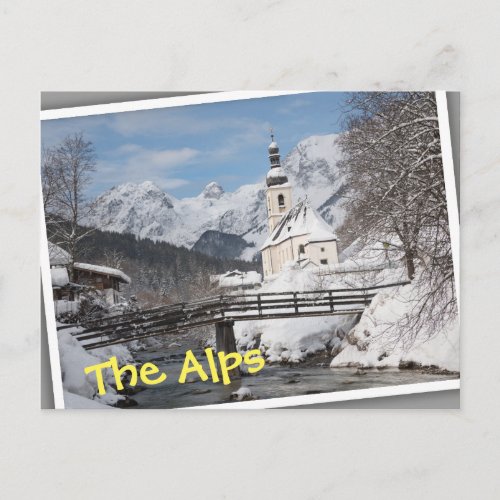 Church in the snow with Alps mountains in winter Postcard