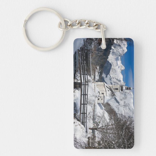 Church in the snow with Alps mountains Keychain (Front)