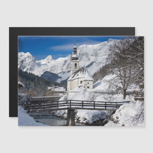 Church in the snow with Alps mountains Magnetic Invitation