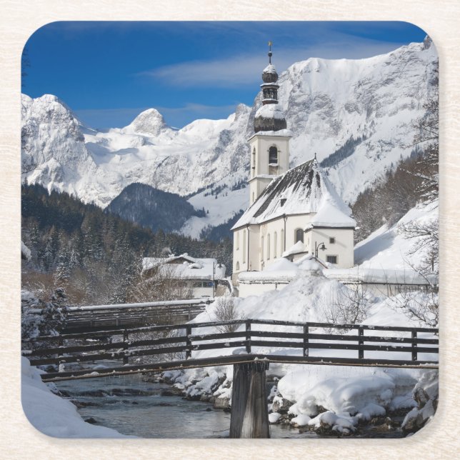 Church in the snow with Alps mountains Square Paper Coaster (Front)
