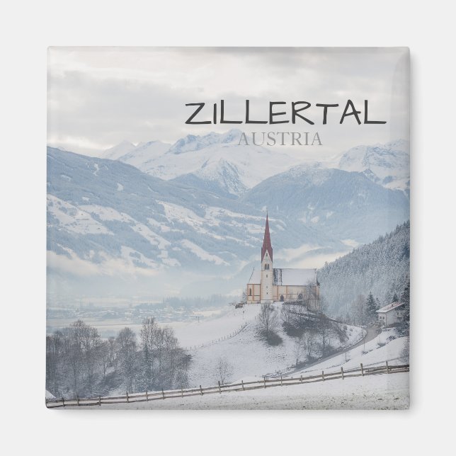 Church in Zillertal in winter text magnet (Front)