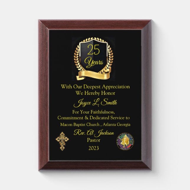 Church Member year of Service Award Plaque (Vertical)