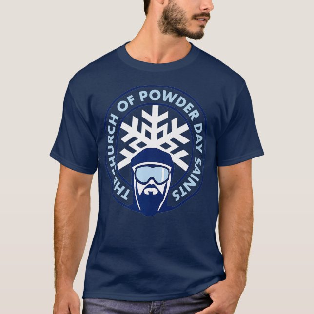 Church of Powder Day Saints Royal Emblem Skiing T-Shirt (Front)