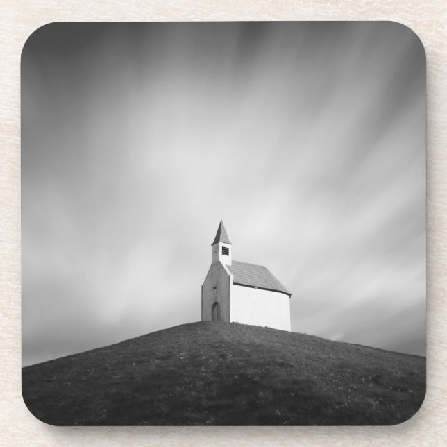 Church on a hill in black and white beverage coaster (Front)
