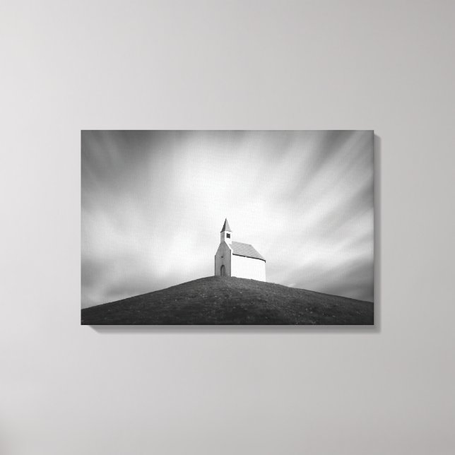 Church on a hill in black and white canvas print (Front)