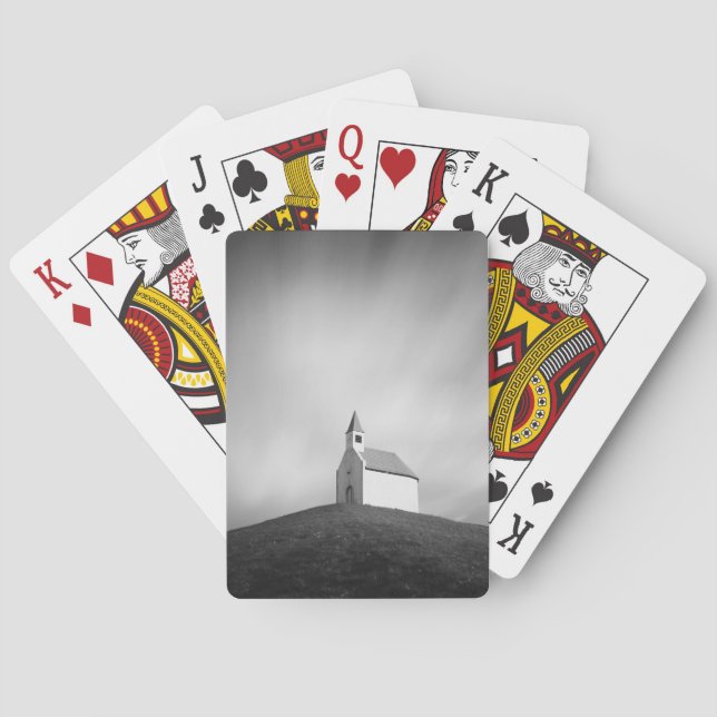 Church on a hill in black and white poker cards (Back)