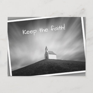 Church on a hill in black and white postcard