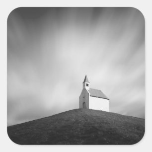 Church on a hill in black and white square sticker
