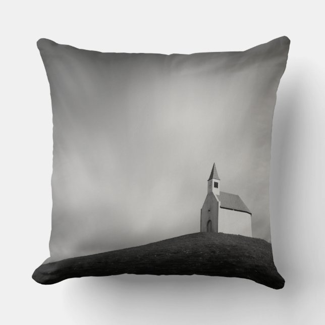Church on a hill in black and white throw pillow (Front)