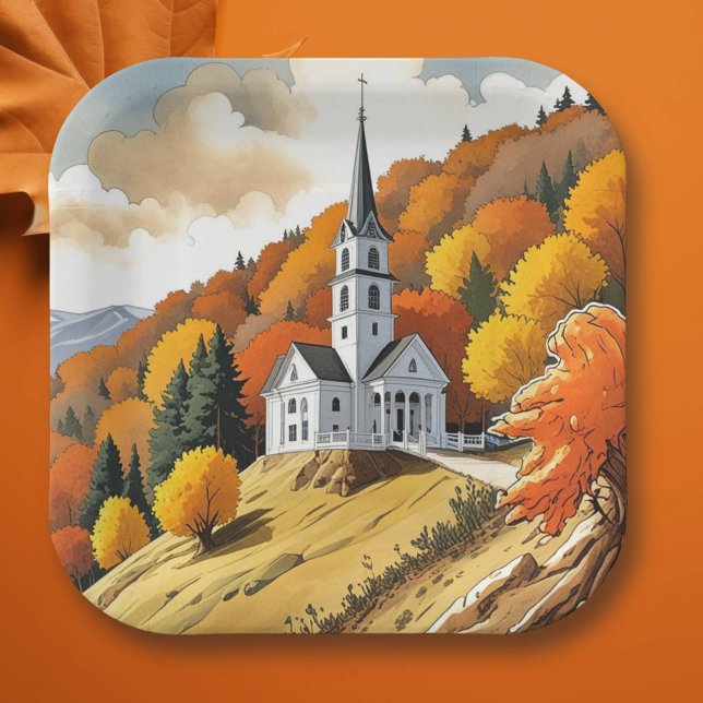 Church on a Hill in the Autumn Season Paper Plates (Creator Uploaded)