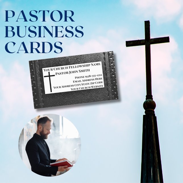 Church Pastor Black Leather Christian Business Card Magnet (Church Pastor Business Cards)