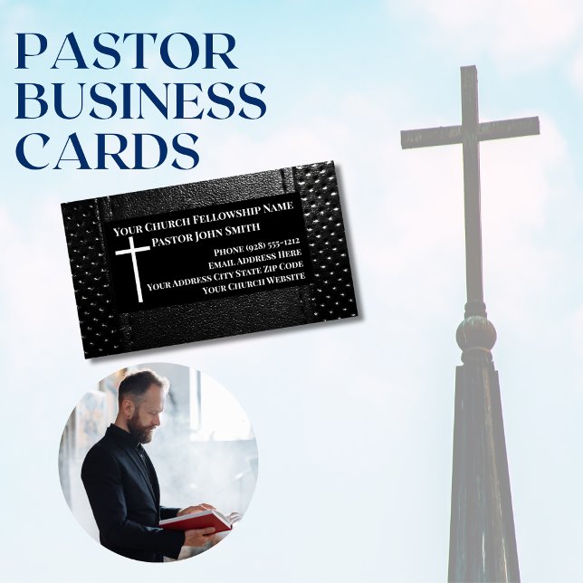 Church Pastor BLACK Leather Christian Business Card Magnet (Modern Black on Black Version: Pastor Church Business Cards)
