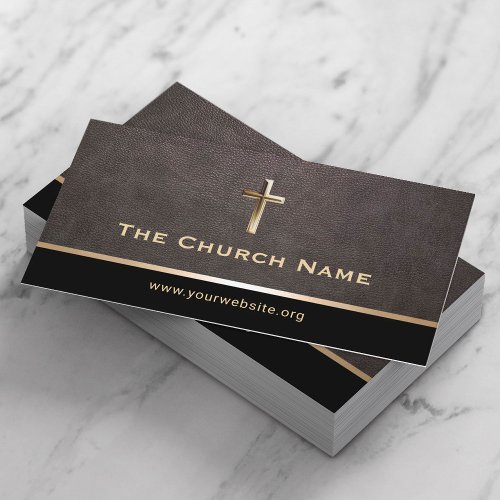Church Pastor Elegant Leather Gold Holy Cross Business Card