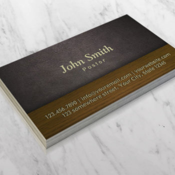 Church Pastor Elegant Leather & Wood Business Card by cardfactory at Zazzle